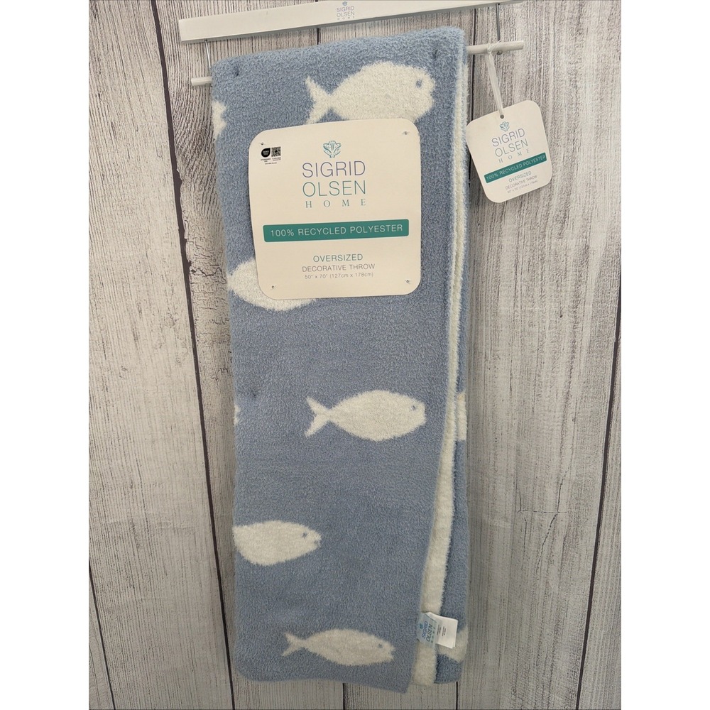 Sigrid Olsen Throw Blanket 50x70 Light Blue White Fish Seashore Nautical Beach
